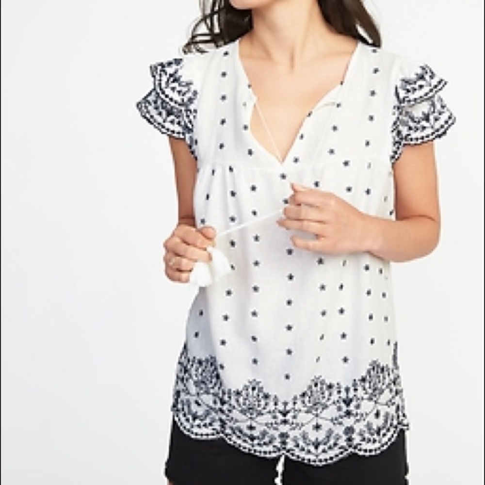 OLD NAVY Linen Blend Embroidered Eyelet Top